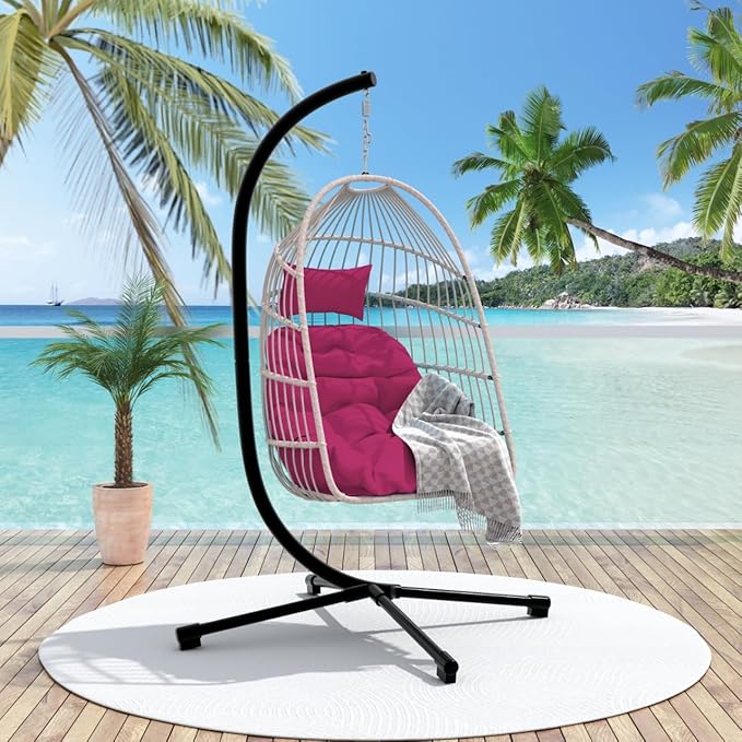 Outdoor Egg Hanging Chair with Stand Patio Wicker Swing Chair for Indoor Outdoor Use Rose Red Color Foldable Design 350lb Capacity