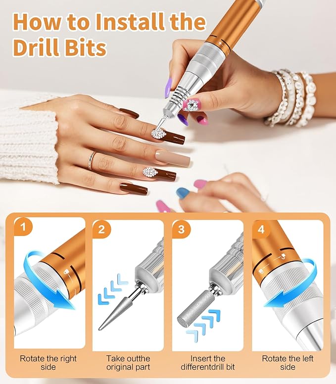 [2025 Upgraded] Electric Nail Drill Professional, Portable Rechargeable 35000 RPM - Cordless Electric Nail File Machine Kit for Acrylic Gel Polishing Removing, Manicure at Home DIY & Salon (Orange)