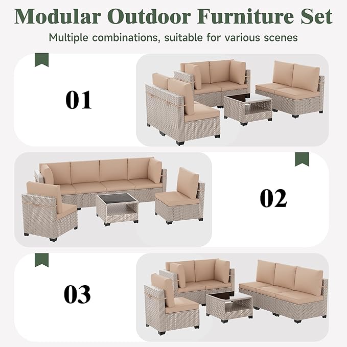 10 Pieces Patio Furniture Set, Outdoor Sectional Wicker Sofa with Thick Cushions and Storage Coffee Table, Rattan Patio Conversation Sets for Deck Yard Poolside, Khaki