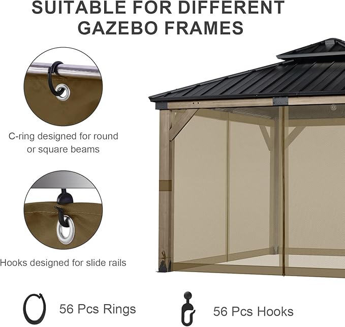 BPS 10' x 10' Gazebo Universal Mosquito Netting Screen Replacement, 4-Panel Screen Walls with Double Zippers for Outdoor Patio, Brown (Mosquito Net Only)