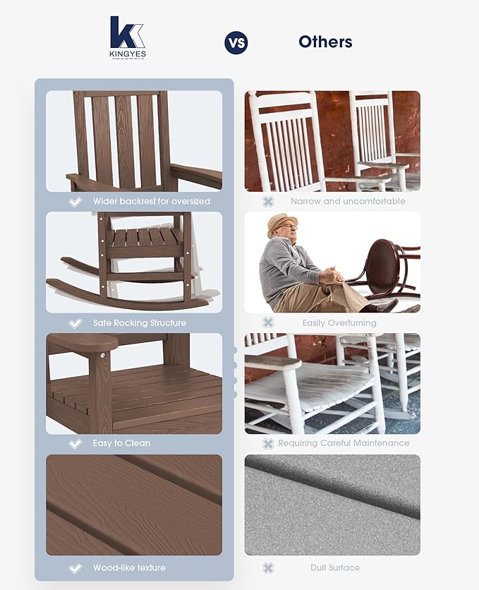 KINGYES Outdoor Rocking Chair Set of 4, All-Weather Patio Rocking Chairs for Porch, HDPE Rocking Outdoor Chairs with High Back for Adult, Heavy Duty Outdoor Patio Rockers for Garden, Lawn, Brown