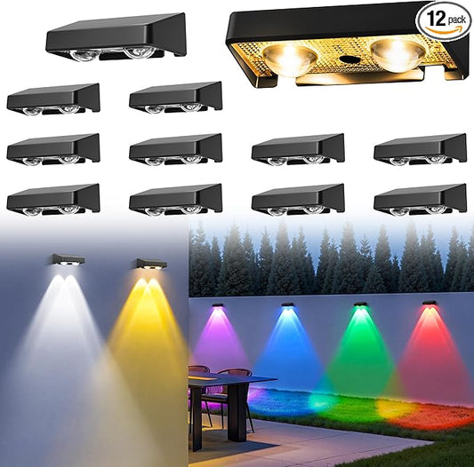Solar Fence Lights Outdoor,50 LM 11 Modes & 9 Colors Solar Lights with Brighter LED Focus Lens Waterproof IP65 for Wall Backyard Deck Patio Porch Step Railings Pool Decor（12 Pack）