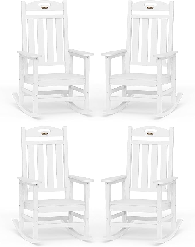 Oversized Outdoor Rocking Chair Set of 4, High Back Porch Rocker Chair, HDPE All Weather Resistant Rocking Chairs for Patio, 382lbs Weight Capacity, White