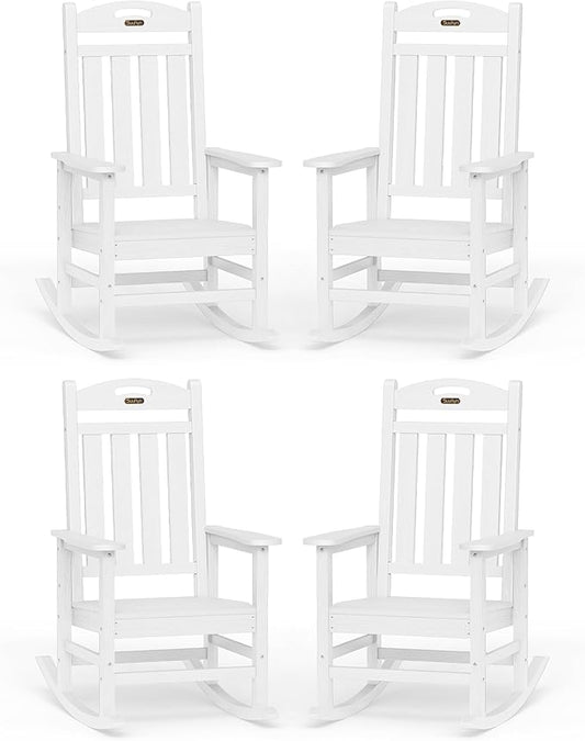 Oversized Outdoor Rocking Chair Set of 4, High Back Porch Rocker Chair, HDPE All Weather Resistant Rocking Chairs for Patio, 382lbs Weight Capacity, White