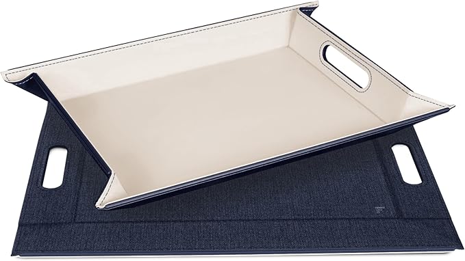 PLACEsMAT 2-in-1 Faux Leather Placemat & Serving Tray | Reversible Design, Lays Flat & Easy to Clean | Ottoman Food Tray, Perfect Housewarming Gift, 18” x 14” (Fabric Blue & Cream, Single)