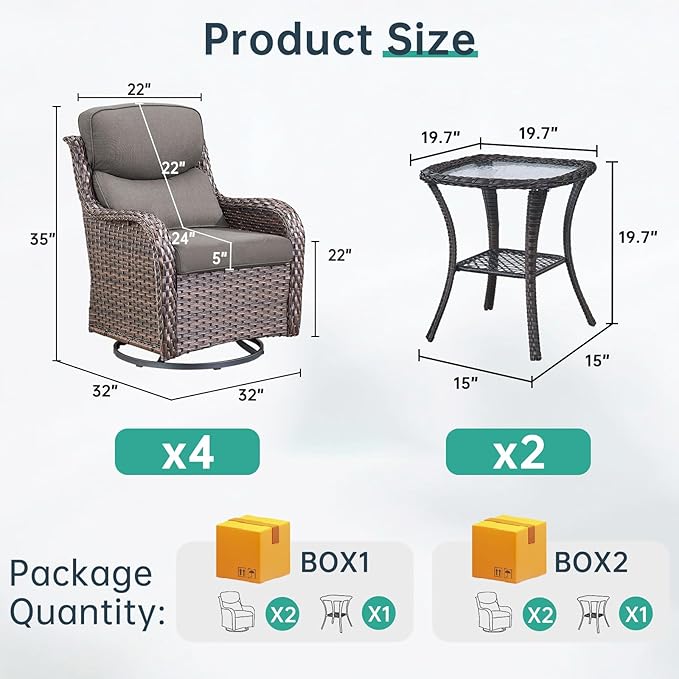 Outdoor Swivel Rocker Patio Chairs Set of 4 with Side Table - 5" Thick Cushion 6 Piece Furniture Set All Weather Comfortable Wicker Conversation Set for Porch Poolside and Deck - Brown/Gray