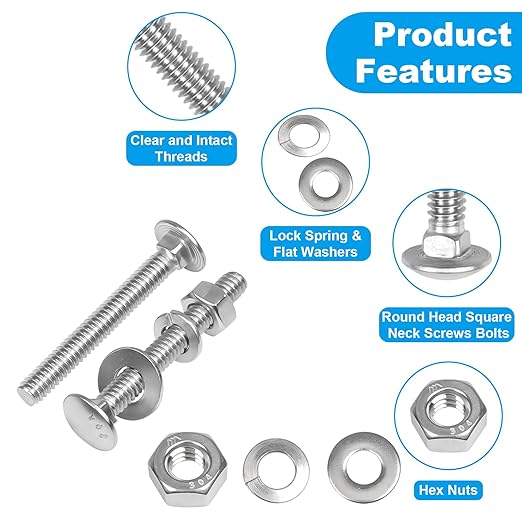 Yinpecly 18 Sets 1/4-20 x 2 Carriage Bolts Screws, 304 Stainless Steel Round Head Square Neck Carriage Bolts and Nuts Kit, with Flat & Lock Washers, Full Thread Coverage