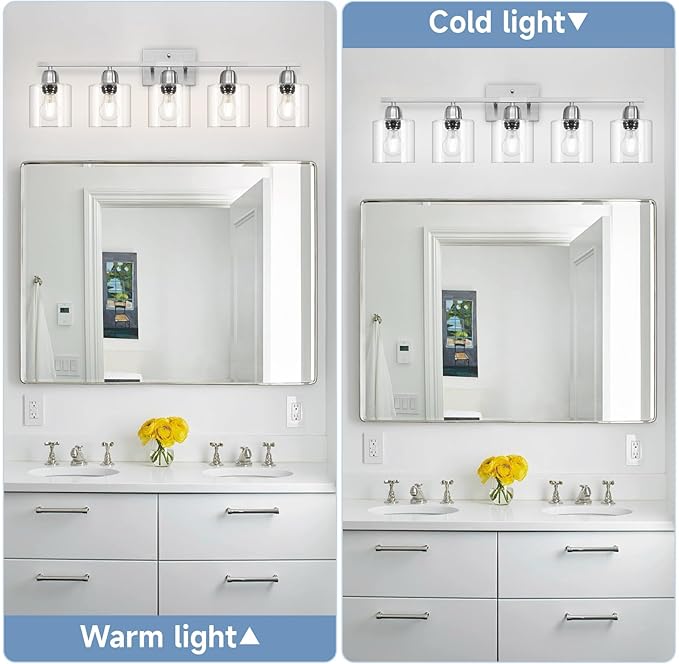 Modern Brushed Nickel 5 Light Bathroom Vanity Light, 31 inch Bathroom Light Fixtures, Vanity Lights with Clear Glass for Mirror Kitchen Living Room Hallway Cabinet Porch