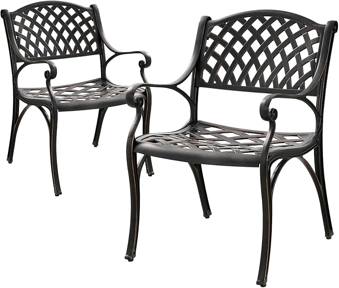 Patio Bistro Chairs Set of 2 Cast Aluminum Patio Dining Chairs,Outdoor Dining Chairs with Armrest,All Weather 2 Piece Bistro Patio Dining Chair for Balcony, Backyard, Garden,Bronze
