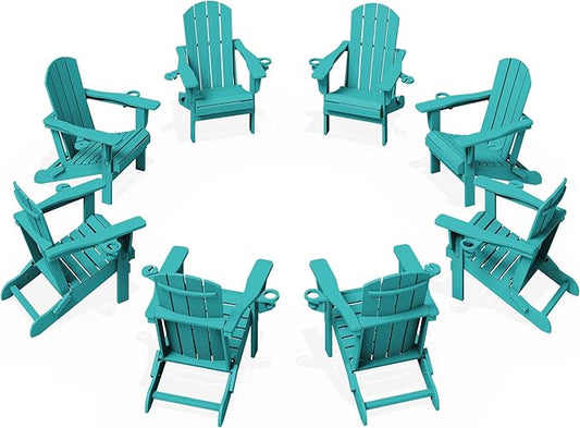 KINGYES Folding Adirondack Chair Set of 8, Dual Cup Holders & All-Weather HDPE, Wood-Like Patio Chair for Backyard, Camping, Pool & Fire Pit, Aruba