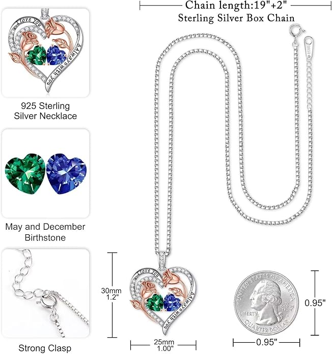 Iefil Christmas Gifts for Women Wife - 925 Sterling Silver Rose Heart Birthstone Necklace Birthday Anniversary Jewelry Gifts for Her Wife Mom Daughter