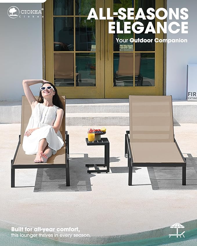 Ciokea Patio Chaise Lounge Chair Set of 2, Outdoor Lounge Chairs with Wheels, 5-Position Adjustable Sun Loungers for Pool, Deck, Beach, Khaki