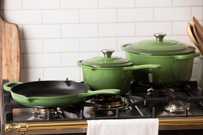 Larder & Vine 4-Piece Enameled Cast Iron Set, Oven Safe and Suitable for All Cooktops – includes 5.7 Quart Dutch Oven Pot with Lid and 2.2 Quart Saucepan with Lid (Okra)