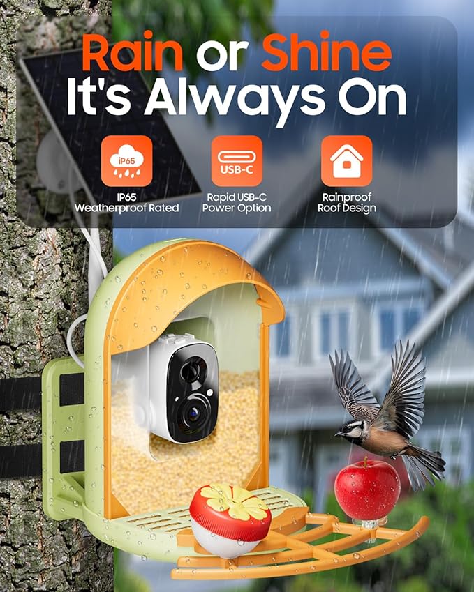 Bird Feeder with Camera, Smart Birdfeeder with Cam Solar Powered, 2K HD Video, AI Identification, Instant Arrival Alerts, IP66 Bird Bath & Feeder,Gift for BirdLover (with Stand, Green)