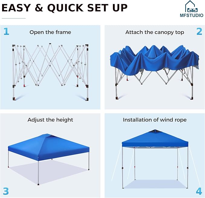 MFSTUDIO Pop up Canopy Tent,10x10ft Footprint Canopies, Gazebo Shelter Sun Shade Waterproof Patio Popup Tents, for Beach,Parties,Camping