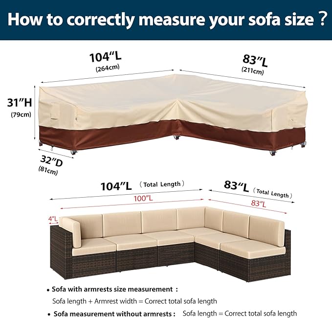 Patio Outdoor Sectional Cover-L-Shaped Patio Furniture Covers Waterproof Rip-Stop Anti-UV 600D Heavy Duty Outdoor Couch with 3 Air Vent Sofa Cover,Right 104''L （83''L） 32''D 31''H
