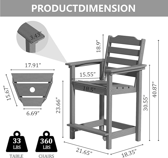 OTSUN Tall Adirondack Chair Set of 2, HDPE Counter-Height Balcony Chairs for Garden, Backyard, Poolside, Capacity 220LBS (2 PCS, Grey)