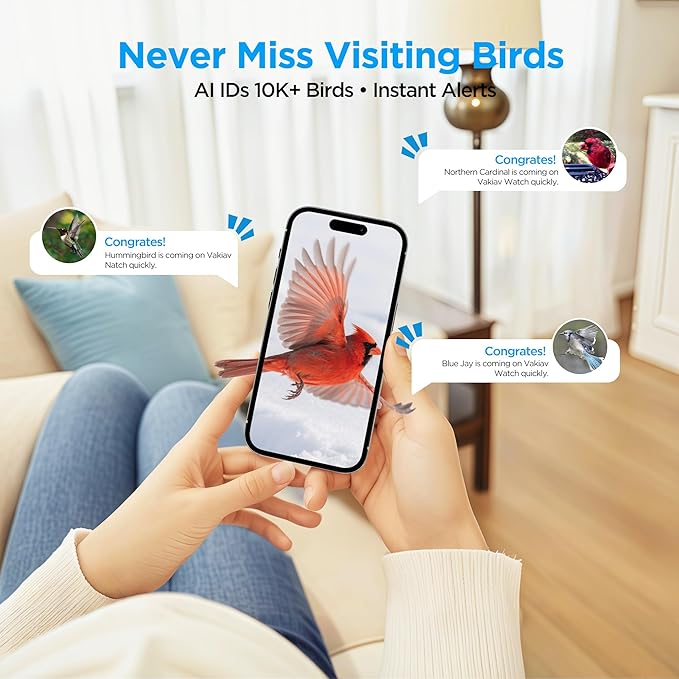 Smart Bird Feeder with Camera Solar Powered,4K Camera with UHD Video Live Stream,No Subscription,Identify 10,000+ Birds with AI,Instant Alerts,Elderly-Friendly,No Wi-Fi Needed,Gifts for Bird Lovers