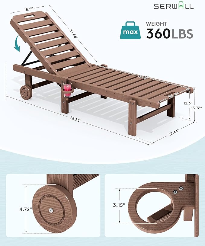 SERWALL Patio Chaise Lounge, HDPE Outdoor Lounge Chair with Cup Holder, 5 Positions Adjustable Poly Lounge Chair with Rolling Wheels for Poolside, Deck, Sunbathing, Brown