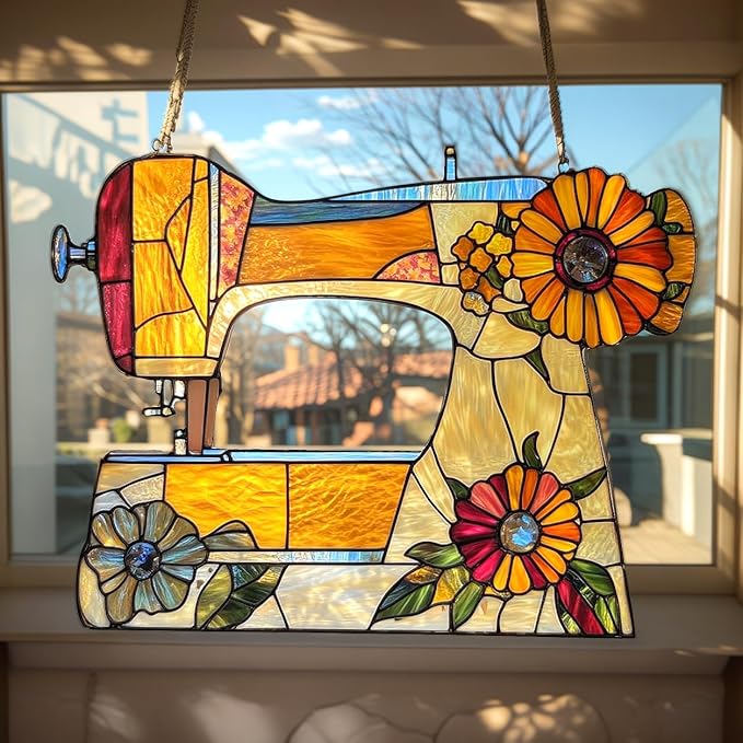 Sewing Machine Christmas Ornament Acrylic Suncatcher with Floral Design Stained Glass Effect Window Hanging Gifts for Sewer and Quilter Craft Room Garden Decor Crafter Birthday Present