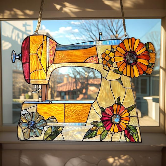 Sewing Machine Christmas Ornament Acrylic Suncatcher with Floral Design Stained Glass Effect Window Hanging Gifts for Sewer and Quilter Craft Room Garden Decor Crafter Birthday Present