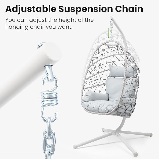 Hanging Egg Chair, Swing Chair with Stand, Hammock Chair IndoorPatio Boho Wicker 350lbs Capacity, Swing Chair for Bedroom Garden, Balcony, Beige &Gray