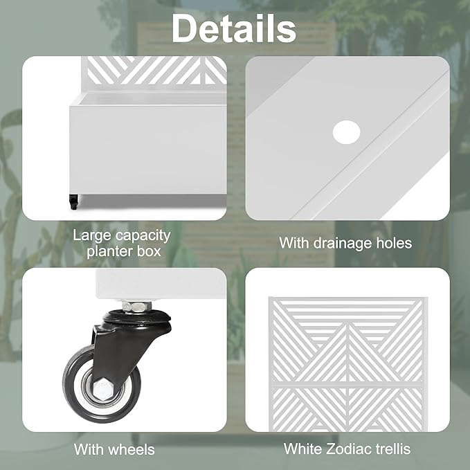 Metal Raised Garden Beds with Privacy Screen for Outdoor Plants, Planter Box with Trellis & Wheels, Flower Boxes with Drainage Holes (35" L×16" W×71" H, White Zodiac)
