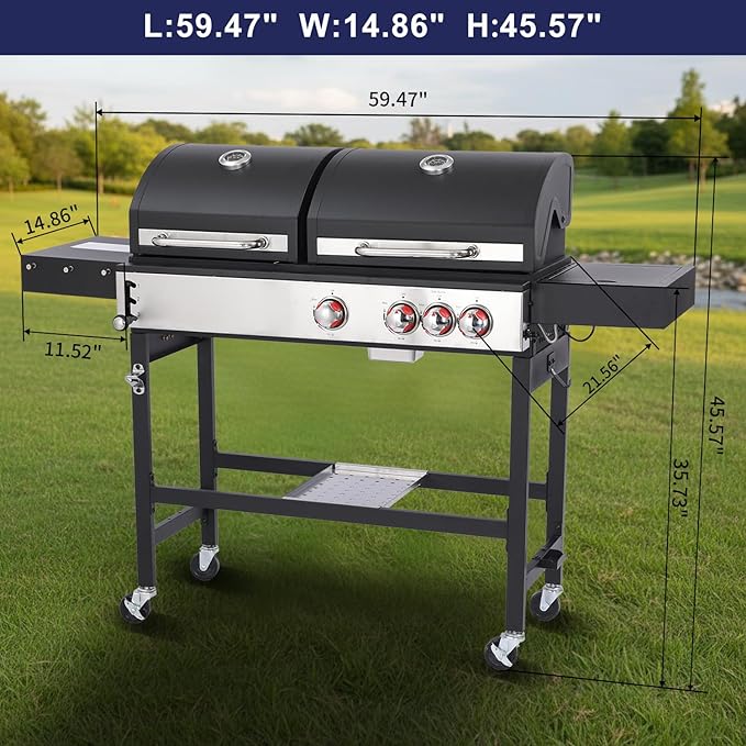 Charcoal Grill and 3-Burner Propane Gas Grill Combo with Side Burner & Porcelain-Enameled Cast Iron Grate, Dual Fuel BBQ Grill with Easy-Clean System for Outdoor Events & Backyard Barbecue