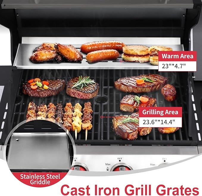 4-Burner Gas Grill with Side Burner, 49,000 BTU, Outdoor BBQ Grill with Cast Iron Grates, Griddle and Charcoal Pan, 3-in-1 Convertible Cooking, Easy-Clean System & Side Shelves