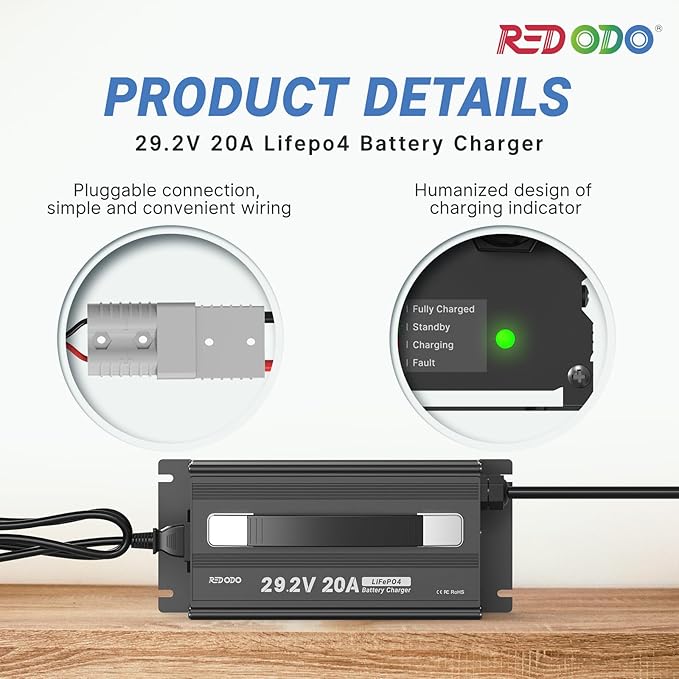 Redodo 29.2V 20A LiFePO4 Battery Charger, Fast Charging AC-DC Lithium Battery Charger, Fit for 24V Lithium Iron Phosphate Battery, LED Indicators and 4 Protection Functions