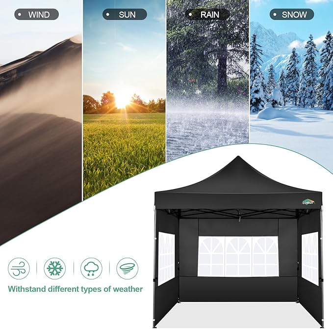 COBIZI 10x10 Pop Up Canopy with Sidewalls Heavy Duty Party Tent with Removable Awning Easy Up Outdoor Canopy Wedding, All Season Windproof&Waterproof with Roller Bag UPF 50+, Black
