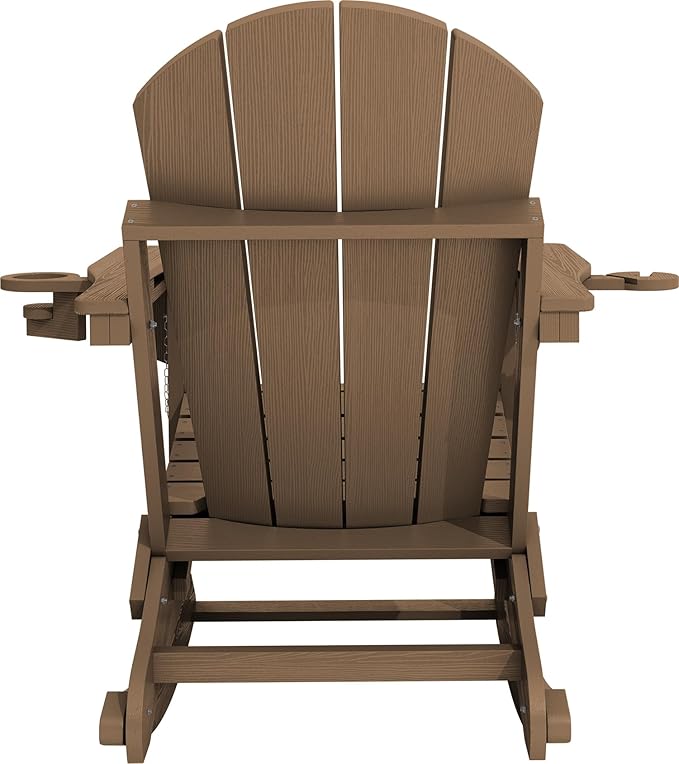 KINGYES Adirondack Rocking Chair with Retractable Ottoman and Cup Holders, HDPE Adirondack Rocker Patio Rocking Chair for Porch, Patio, Balcony, Brown