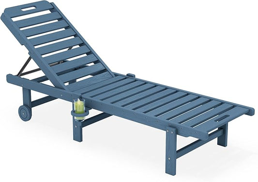 SERWALL Outdoor Chaise Lounge, 78" Length Patio Chaise Lounge Chair with 5 Positions Adjustable Backrest, HDPE Lounge Chair with Rolling Wheels & Cup Holder for Pool, Blue