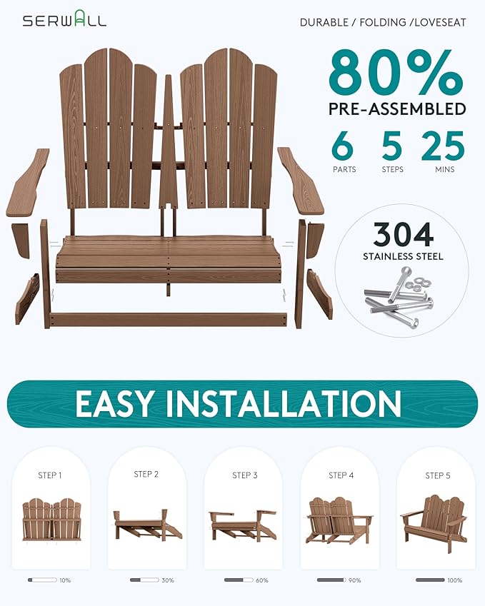SERWALL Folding Adirondack Bench, HDPE All-Weather Adirondack Loveseat, 660 lbs Capacity, Foldable Outdoor Patio Bench for Deck, Lawn, Garden, Brown