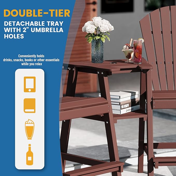 FOOWIN Tall Adirondack Chair Set of 2, All Weather HDPE Bar Height Adirondack Chair with Double Connecting Trays, Adirondack Barstools for Balcony, Deck, Backyard, Patio, Garden Brown