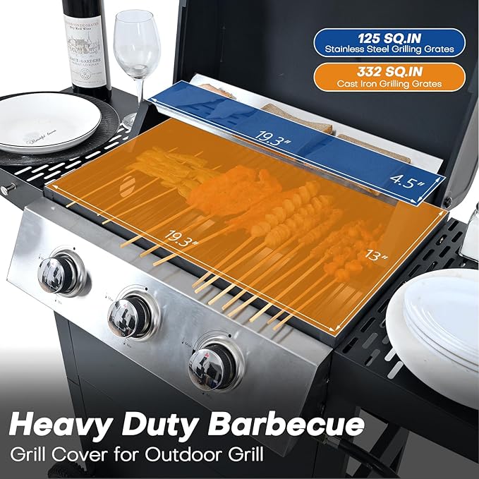 3 Burner Propane Gas Grill, 26,000 BTU Stainless Steel BBQ Grill with Foldable Shelves, Thermometer, Wheels, Ideal for Patio, Backyard, Outdoor Cooking, Barbeque