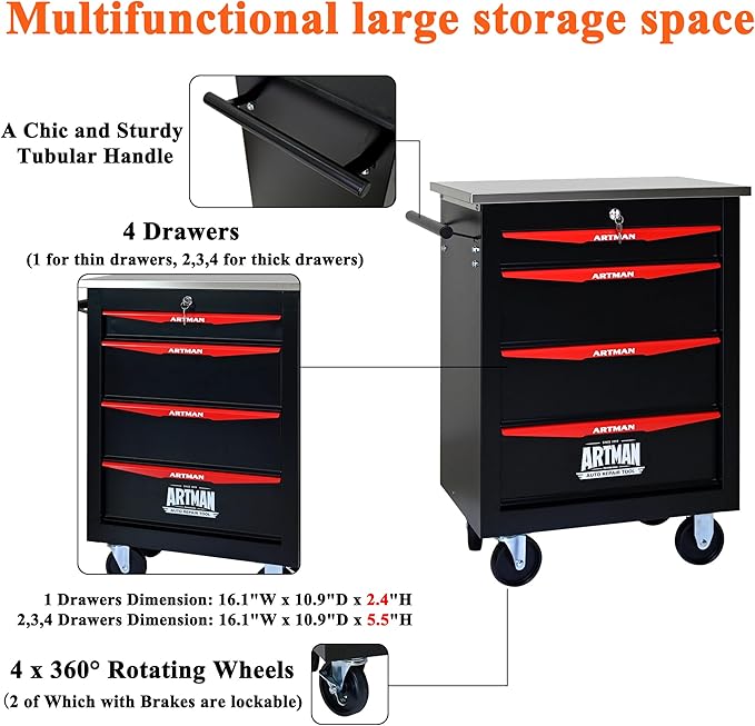 4 Drawers Tool Cart on Wheels,Multifunctional Rolling Tool Storage Chest,Drawer Rolling Trolley Organizer Tool Box for Garage,Workshop,DIY Multiple Interconnectable(4 Drawers-30.5" H)