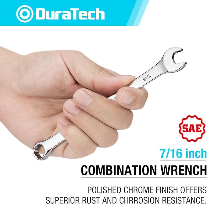 DURATECH 7/16" Combination Wrench, SAE, CR-V Constructed with Mirror Polish, 12-Point, 15-Degree Offset