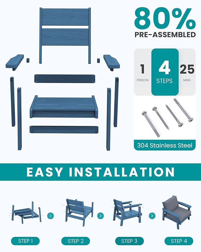 SERWALL 4 Piece HDPE Outdoor Furniture Set, All Weather Wood-Like Outdoor Sofa Sectional Couch, Blue Patio Furniture Set with Grey Cushions