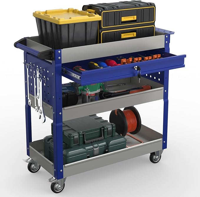 3 Tray Rolling Tool Cart, 400 LBS Capacity Mechanic Tool Carts on Wheels, Heavy Duty Utility Cart with Drawers, Metal Work Cart for Garage, Warehouse and Repair Shop, GrayBlue