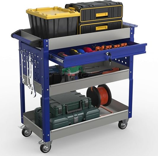 3 Tray Rolling Tool Cart, 400 LBS Capacity Mechanic Tool Carts on Wheels, Heavy Duty Utility Cart with Drawers, Metal Work Cart for Garage, Warehouse and Repair Shop, GrayBlue