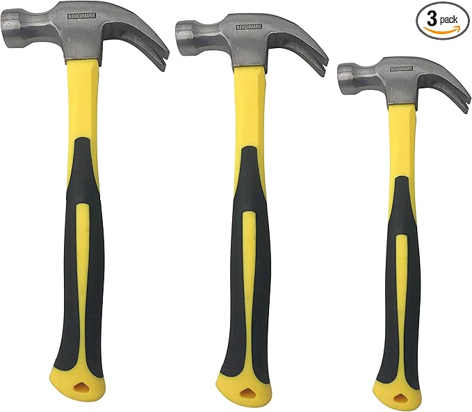 3 Pack of Claw Hammers (20 oz, 16 oz, 8 oz) with Sure-Grip Fiberglass Handles and Polished Steel Head