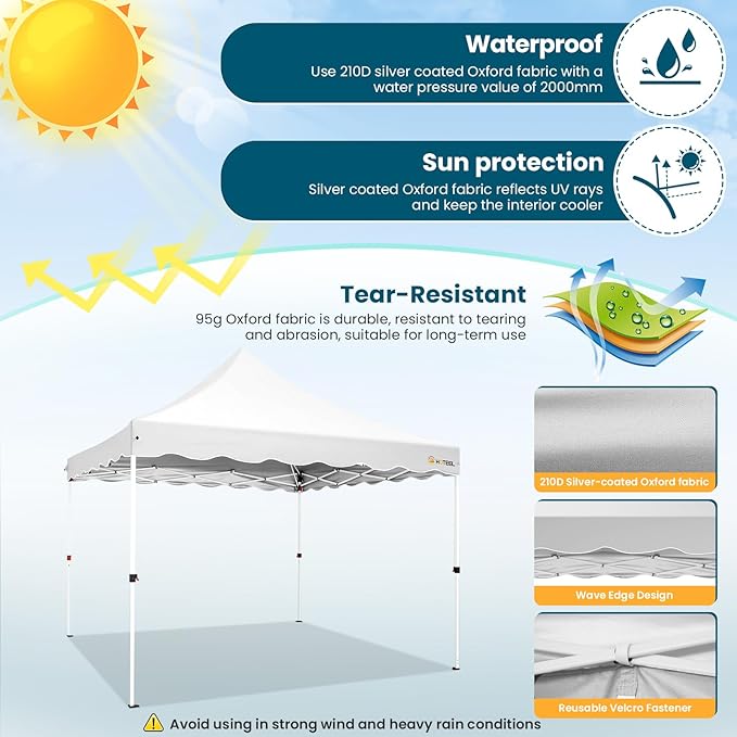 HOTEEL 10x10 Pop Up Canopy, Easy Setup Party Tent with Carry Bag, Weight Bag, Outdoor Portable Event Shelter for Backyard, Market, White