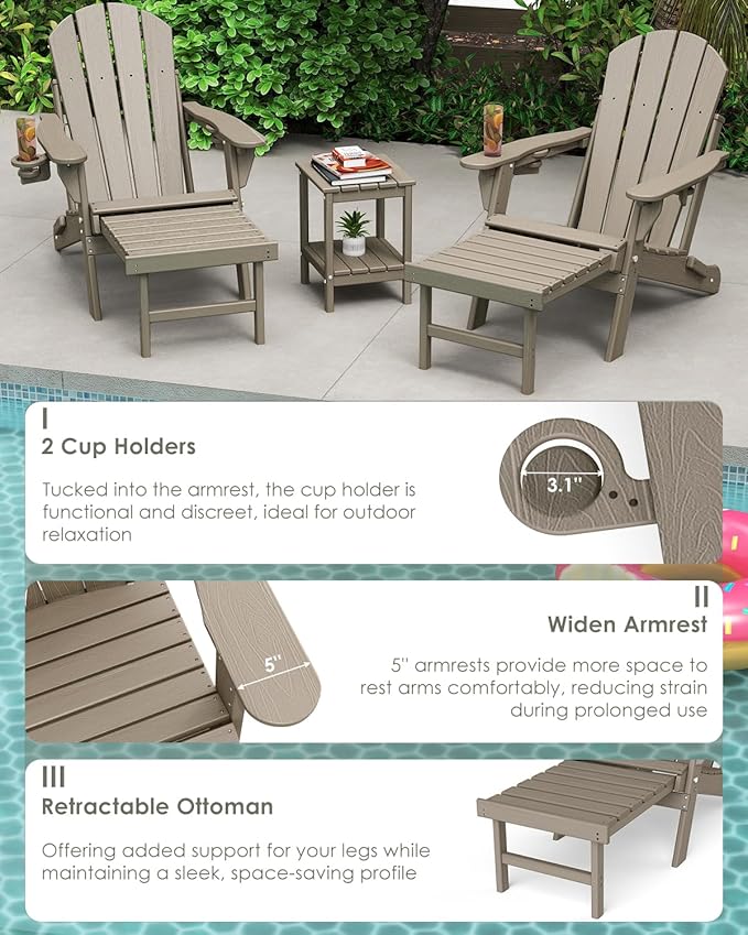 GREENVINES Adjustable Adirondack Chair with Retractable Ottoman Set of 2 | Folding | 2 Cup Holders | Wood Grain HDPE Plastic | Fire Pit Chairs w/Foot Rest | Desert Brown | for Outdoor Patio Poolside