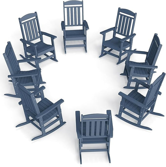 FOOWIN Outdoor Rocking Chair Set of 8, High Back Patio Rocking Chair, HDPE All Weather Resistant Porch Rocker for Adult, Oversized Rocking Chairs for Garden, Lawn, Indoor & Outdoor Use, Navy Blue