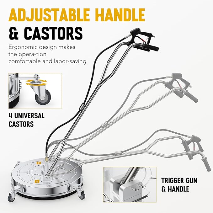 EVEAGE 24” Surface Cleaner Pressure Surface Washer Dual Handle, Stainless Steel Housing Power Washer Accessories with 2 Extension Wand & 4 Wheels and 2 Replacement Nozzles,4000 PSI