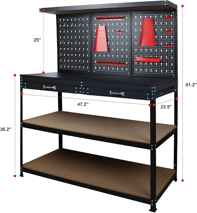 Prostormer Workbench, 47.25 inch Multipurpose Garage Worktable with Peg Board Hook Kit and Drawers for Home, Garage, and DIY Projects