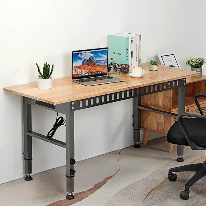 54.3 "Adjustable Workbench with Power Outlet, Heavy Duty 2000 LBS Load Capacity Hardwood Workbench Suitable for Workshop, Office, Garage, Home (Rubber Pad丨Power Outlets 54.3"x21.6")
