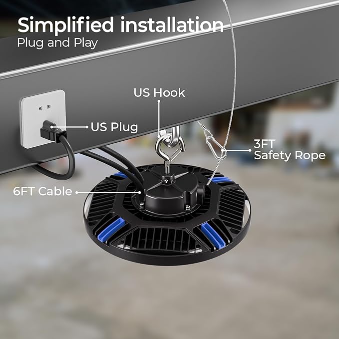 CINOTON 210W Switchable UFO LED High Bay Light, Aluminum LED Shop Lights with 31500LM, 5000K Commercial Bay Lighting for Warehouse Garage Workshop, 6' Cable & Safety Rope, ETL Listed 4 Pack