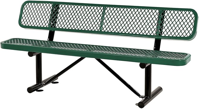 Global Industrial 6'L Heavy Duty Expanded Metal Mesh Bench with Backrest with Steel Frame, Portable Outdoor Bench, 1000 lbs Capacity, Green, 72" L x 24" W x 33" H